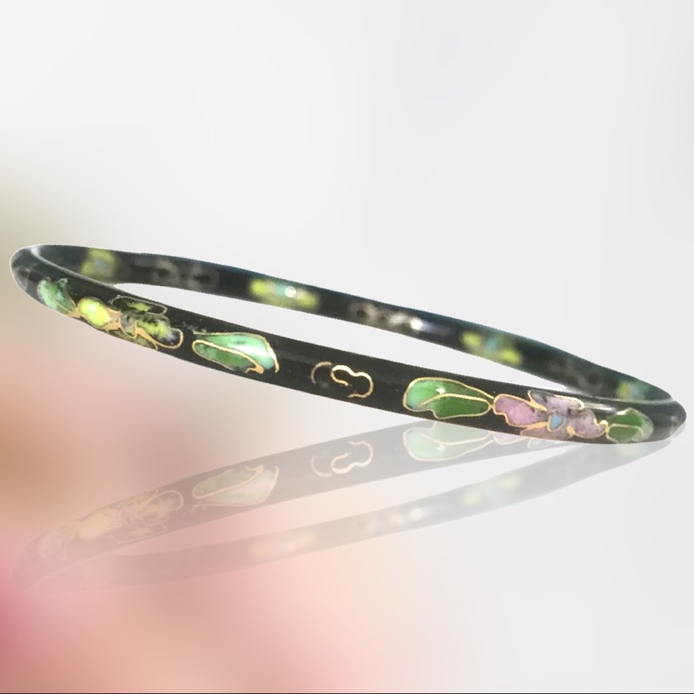 Vintage Cloisonné Bangle Bracelet Black Slender Delicate Floral Gold Inset Trim